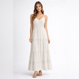 Ivory Lace Trim Tiered Maxi Dress Small Boho Cottagecore Romantic